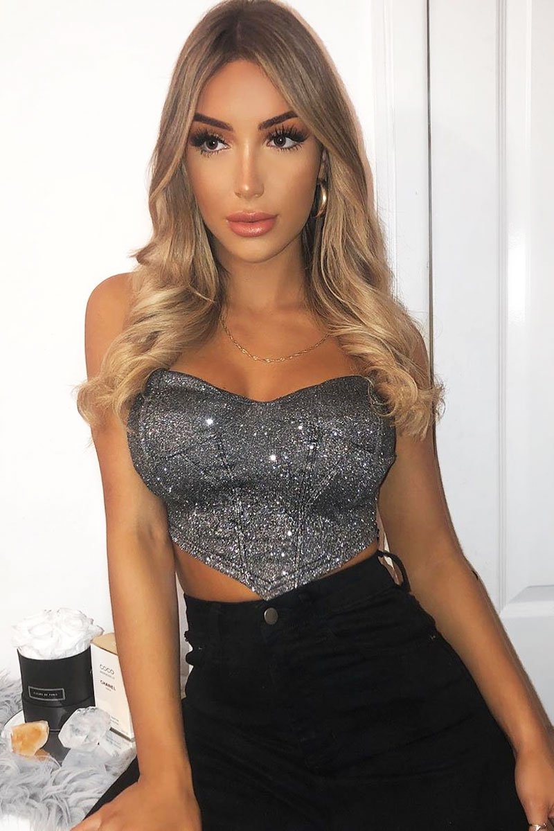 Black Glitter Corset Detail Bralet - Delmy-Bralets