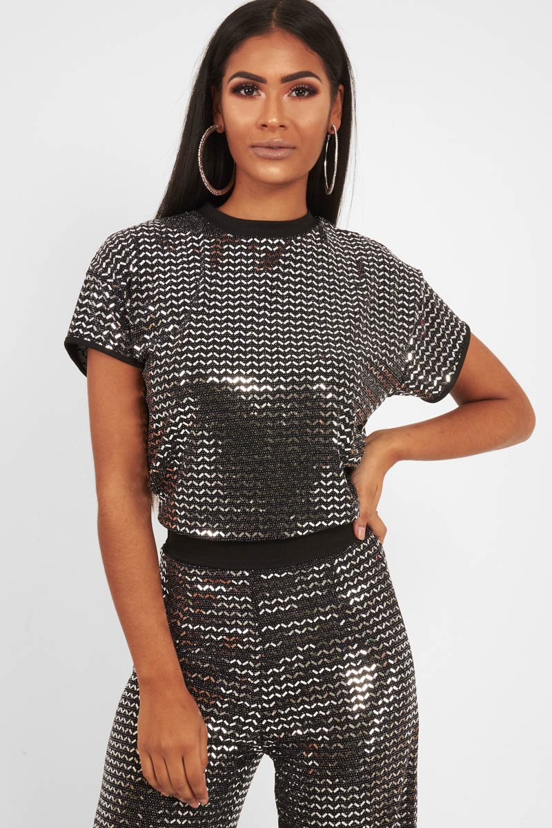 Black Glitter Crew Neck T-Shirt - Jamese-Tops