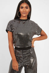 Black Glitter Crew Neck T-Shirt - Jamese-Tops