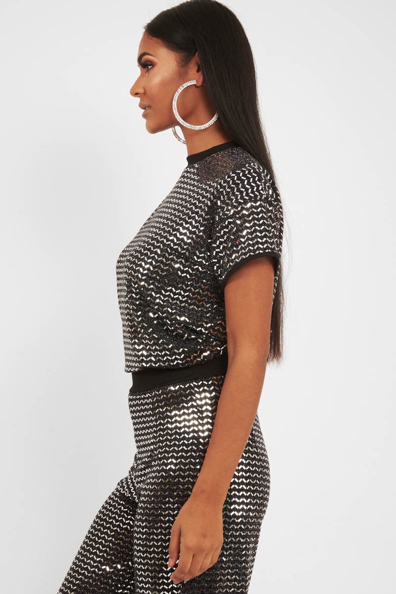 Black Glitter Crew Neck T-Shirt - Jamese-Tops