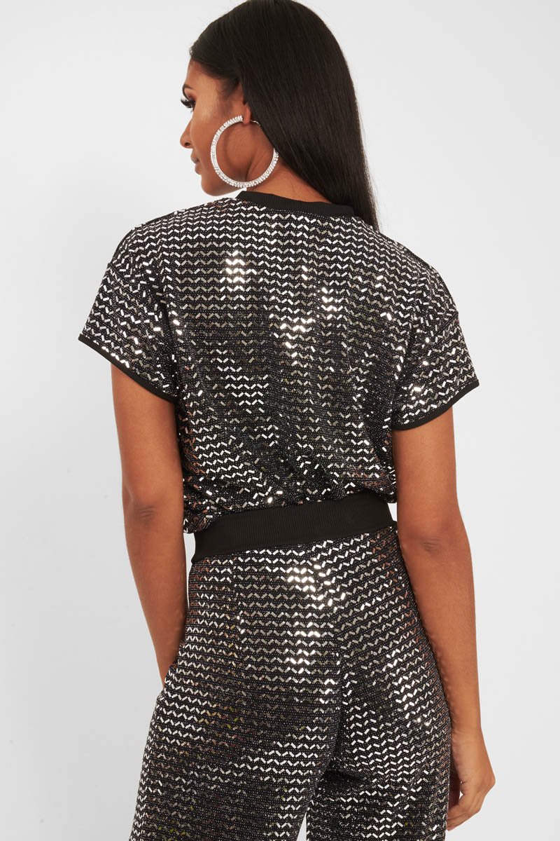 Black Glitter Crew Neck T-Shirt - Jamese-Tops