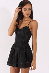 Black Glitter Cross Back Strappy Playsuit - Jaclyn-Playsuits