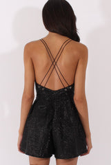 Black Glitter Cross Back Strappy Playsuit - Jaclyn-Playsuits