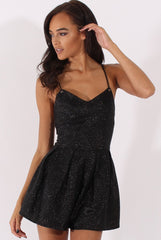 Black Glitter Cross Back Strappy Playsuit - Jaclyn-Playsuits