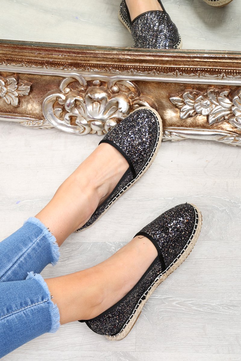 Black Glitter Espadrilles - Ivery-Flats
