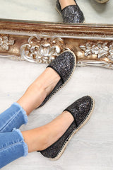Black Glitter Espadrilles - Ivery-Flats