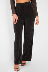 Black Glitter High Waist Wide Leg Trousers - Betsey-Trousers