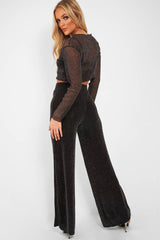Black Glitter High Waist Wide Leg Trousers - Betsey-Trousers