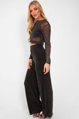 Black Glitter High Waist Wide Leg Trousers - Betsey-Trousers