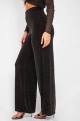 Black Glitter High Waist Wide Leg Trousers - Betsey-Trousers