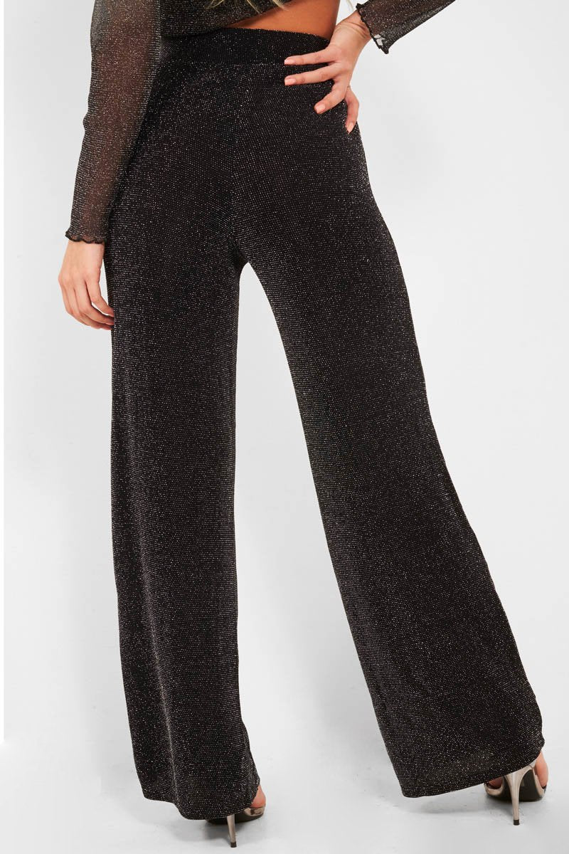Black Glitter High Waist Wide Leg Trousers - Betsey-Trousers