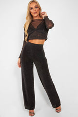 Black Glitter High Waist Wide Leg Trousers - Betsey-Trousers
