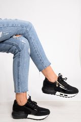 Black Glitter Lace Up Chunky Trainers - Shania-Trainers