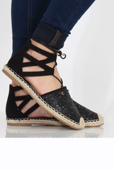 Black Glitter Lace Up Espadrilles - Bonnie-Shoes