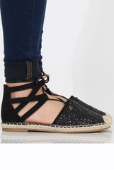 Black Glitter Lace Up Espadrilles - Bonnie-Shoes