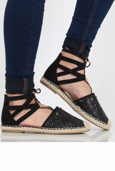 Black Glitter Lace Up Espadrilles - Bonnie-Shoes