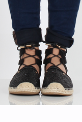 Black Glitter Lace Up Espadrilles - Bonnie-Shoes