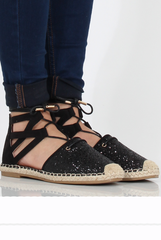 Black Glitter Lace Up Espadrilles - Bonnie-Shoes