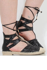Black Glitter Lace Up Espadrilles - Sahara-Shoes