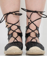 Black Glitter Lace Up Espadrilles - Sahara-Shoes