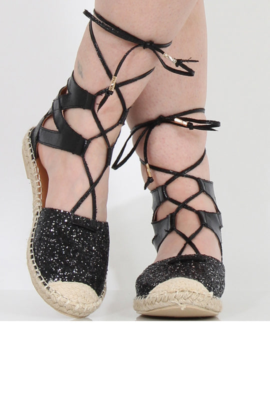 Black Glitter Lace Up Espadrilles - Sahara