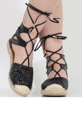 Black Glitter Lace Up Espadrilles - Sahara-Shoes