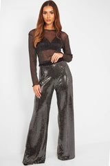 Black Glitter Mesh Long Sleeve Crop Top - Akila-Crop Tops