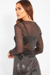 Black Glitter Mesh Long Sleeve Crop Top - Akila-Crop Tops