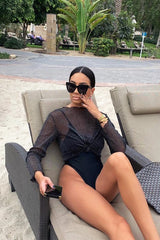 Black Glitter Mesh Long Sleeve Crop Top - Akila-Crop Tops