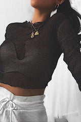 Black Glitter Mesh Long Sleeve Crop Top - Akila-Crop Tops