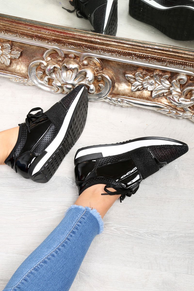 Black Glitter Mesh Panel Trainers - Helaina-Trainers