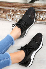 Black Glitter Mesh Panel Trainers - Helaina-Trainers