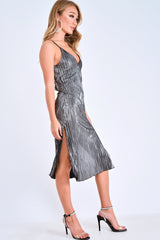 Black Glitter Plunge Plisse Midi Slip Dress - Siara-Dresses