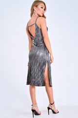 Black Glitter Plunge Plisse Midi Slip Dress - Siara-Dresses