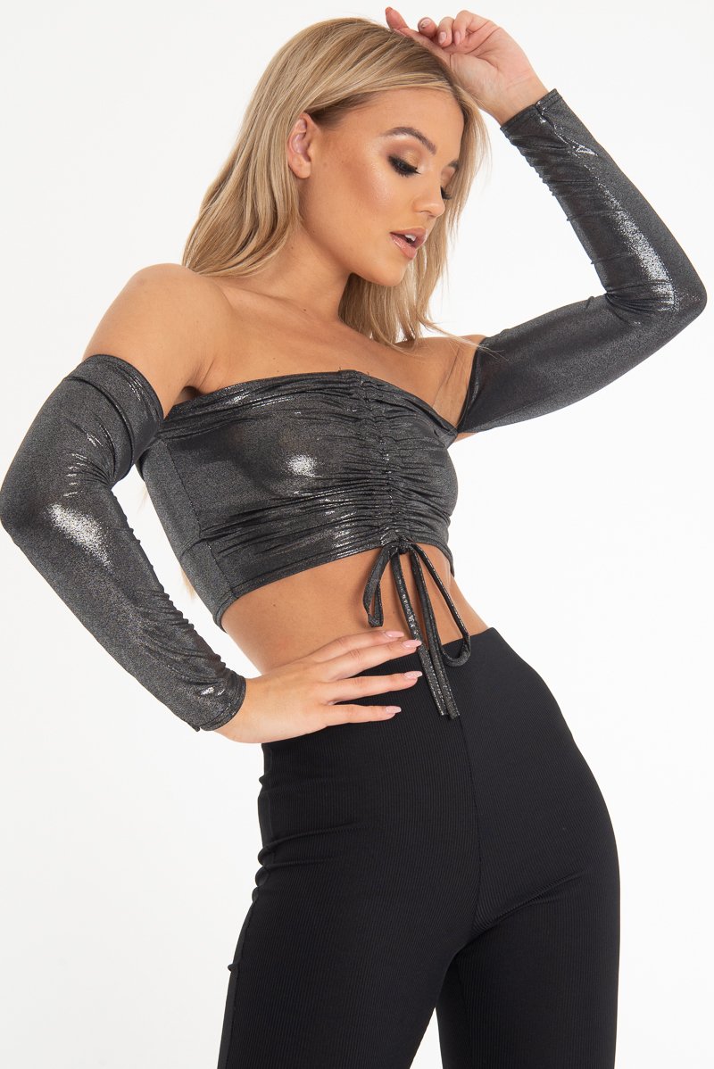 Black Glitter Ruched Front Bardot Long Sleeve Top - Cici-Crop Tops