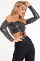 Black Glitter Ruched Front Bardot Long Sleeve Top - Cici-Crop Tops