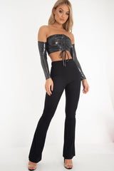 Black Glitter Ruched Front Bardot Long Sleeve Top - Cici-Crop Tops