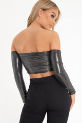 Black Glitter Ruched Front Bardot Long Sleeve Top - Cici-Crop Tops