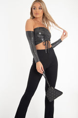 Black Glitter Ruched Front Bardot Long Sleeve Top - Cici-Crop Tops