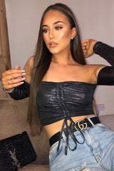 Black Glitter Ruched Front Bardot Long Sleeve Top - Cici-Crop Tops