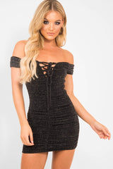 Black Glitter Ruched Slinky Lace Up Dress - Rosina-Dresses