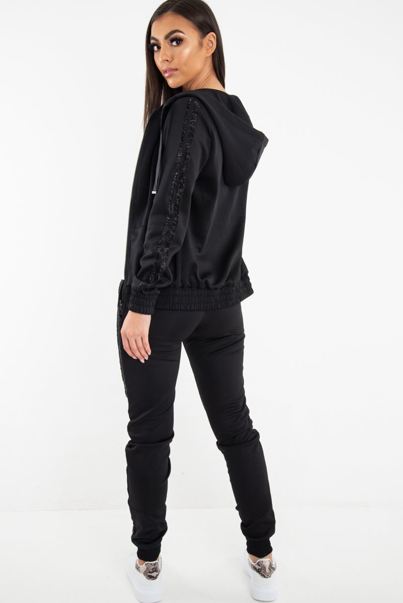 Black Glitter Side Stripe Crepe Tracksuit - Gionna-Co-ords