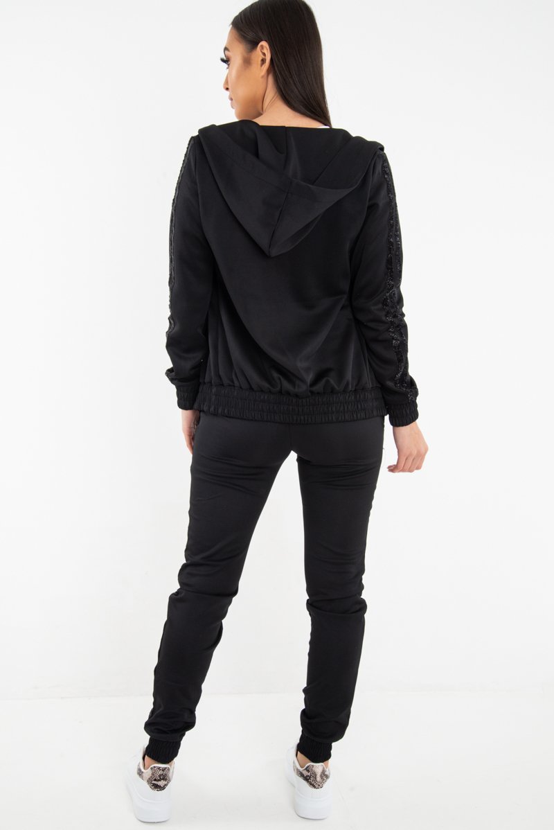 Black Glitter Side Stripe Crepe Tracksuit - Gionna-Co-ords