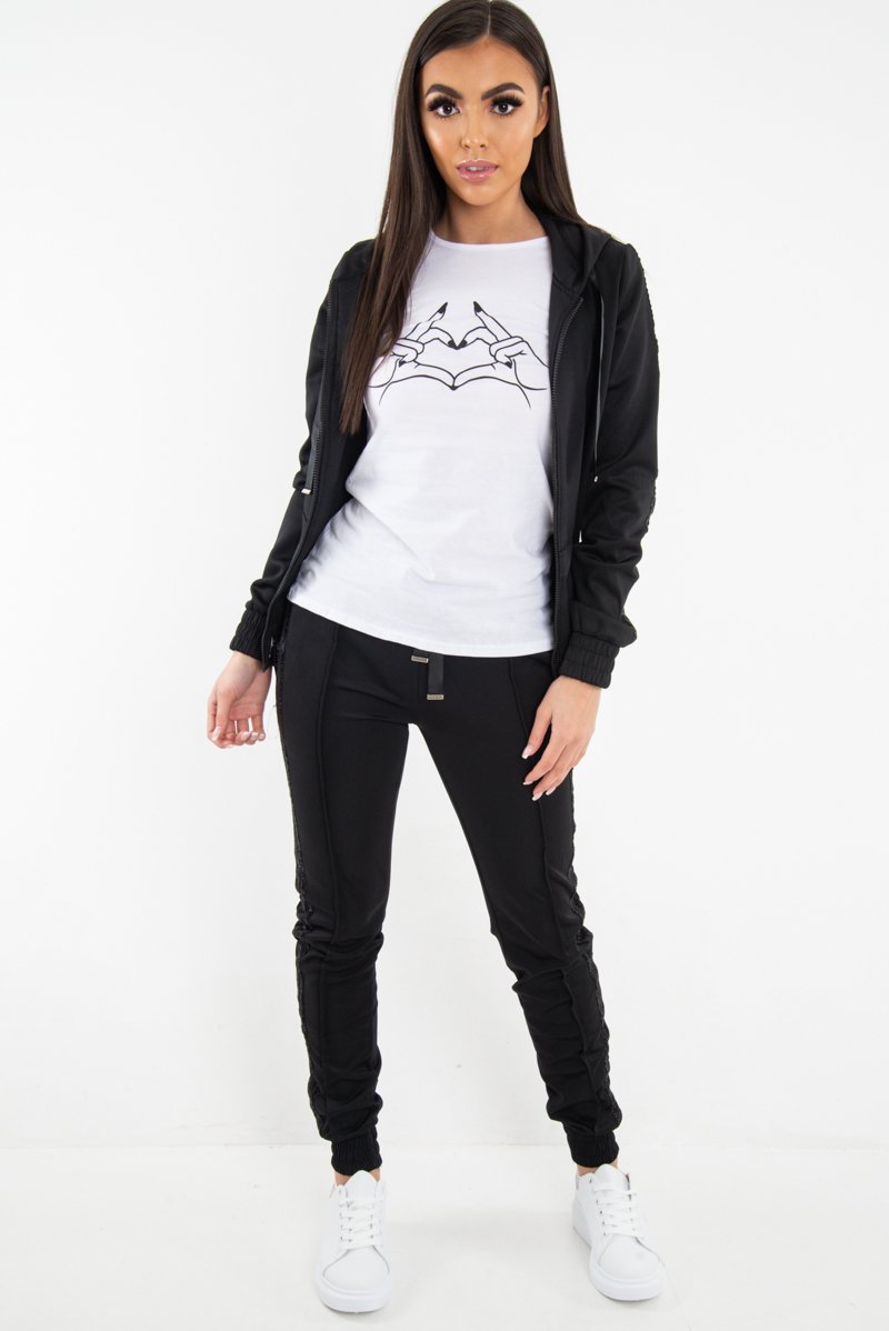 Black Glitter Side Stripe Crepe Tracksuit - Gionna-Co-ords