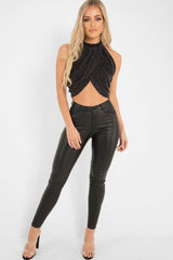 Black Glitter Slinky Halterneck Wrap Top - Giovanna-Crop Tops