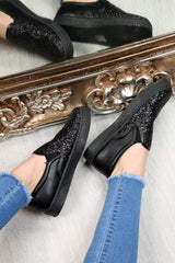 Black Glitter Slip On Trainers - Maddie-Trainers
