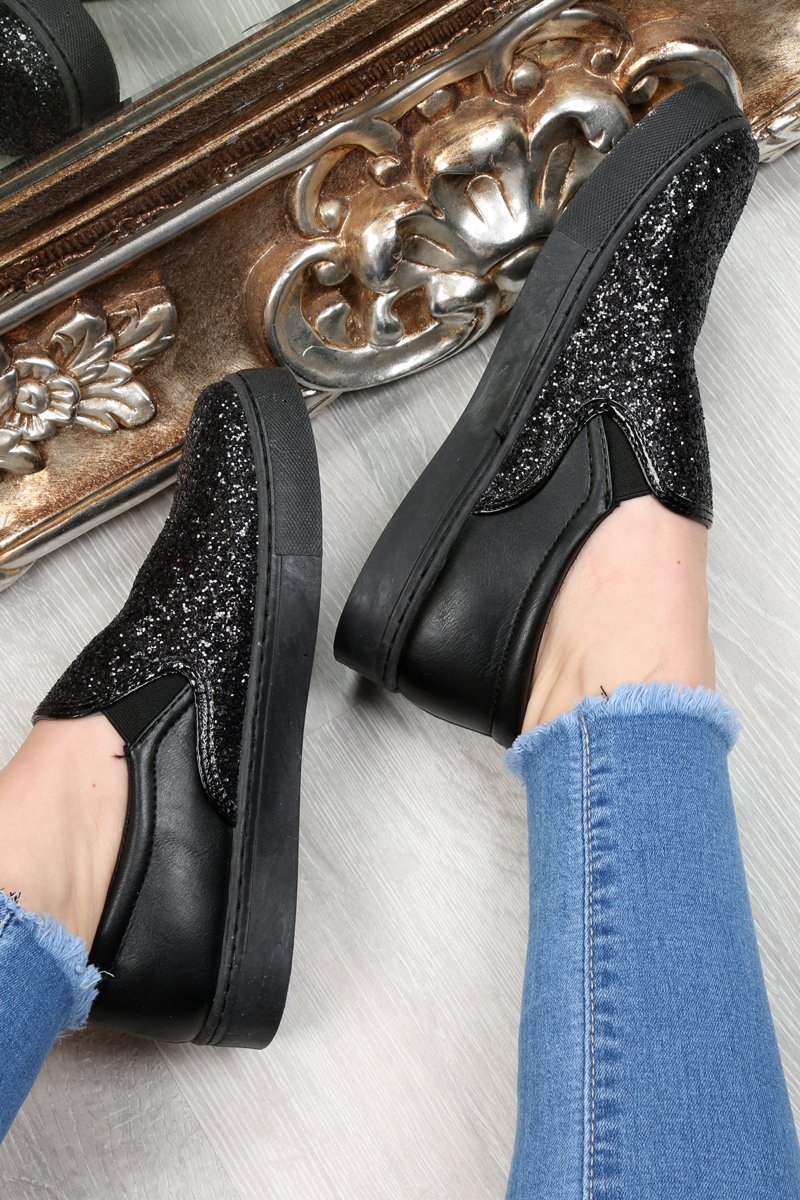 Black Glitter Slip On Trainers - Maddie-Trainers