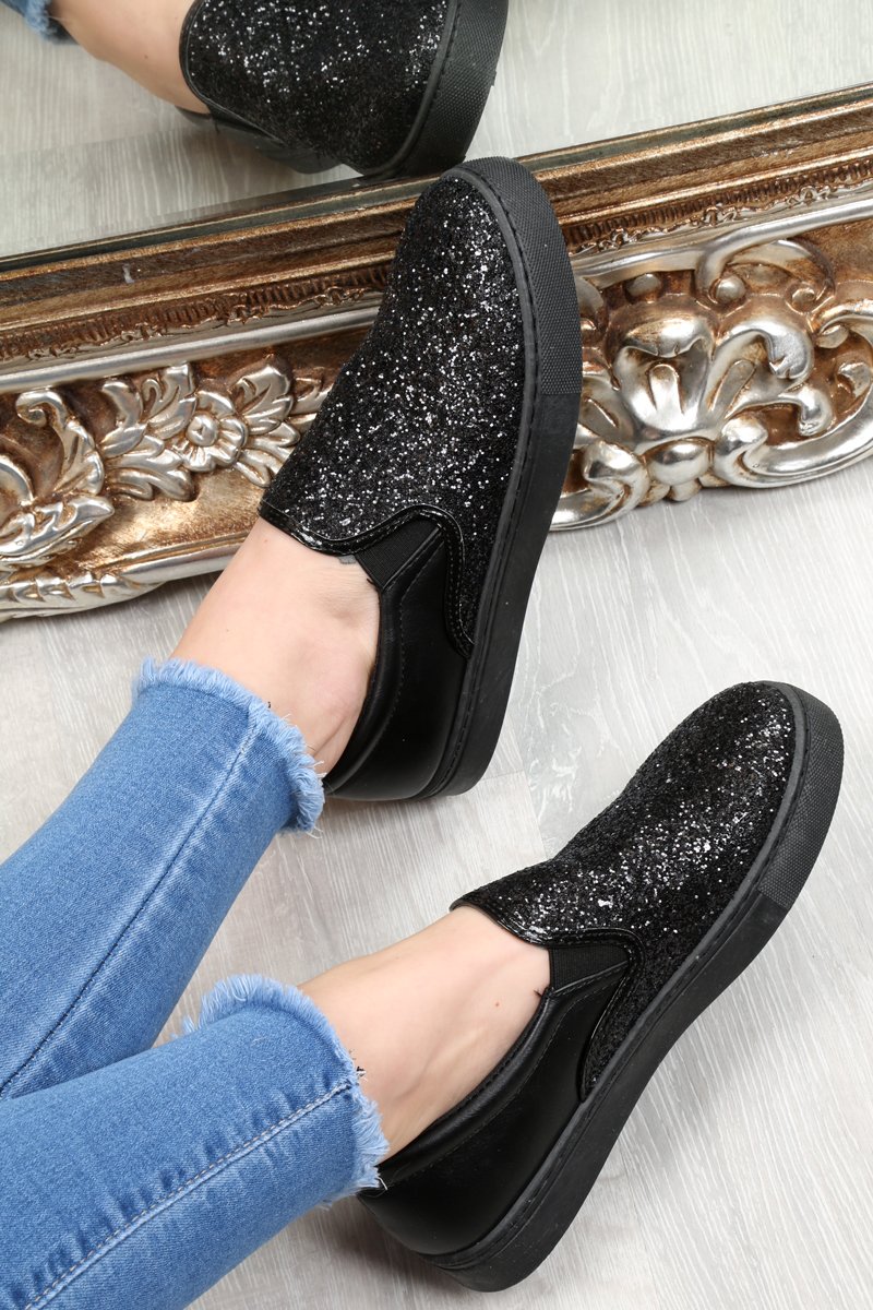 Black Glitter Slip On Trainers - Maddie-Trainers