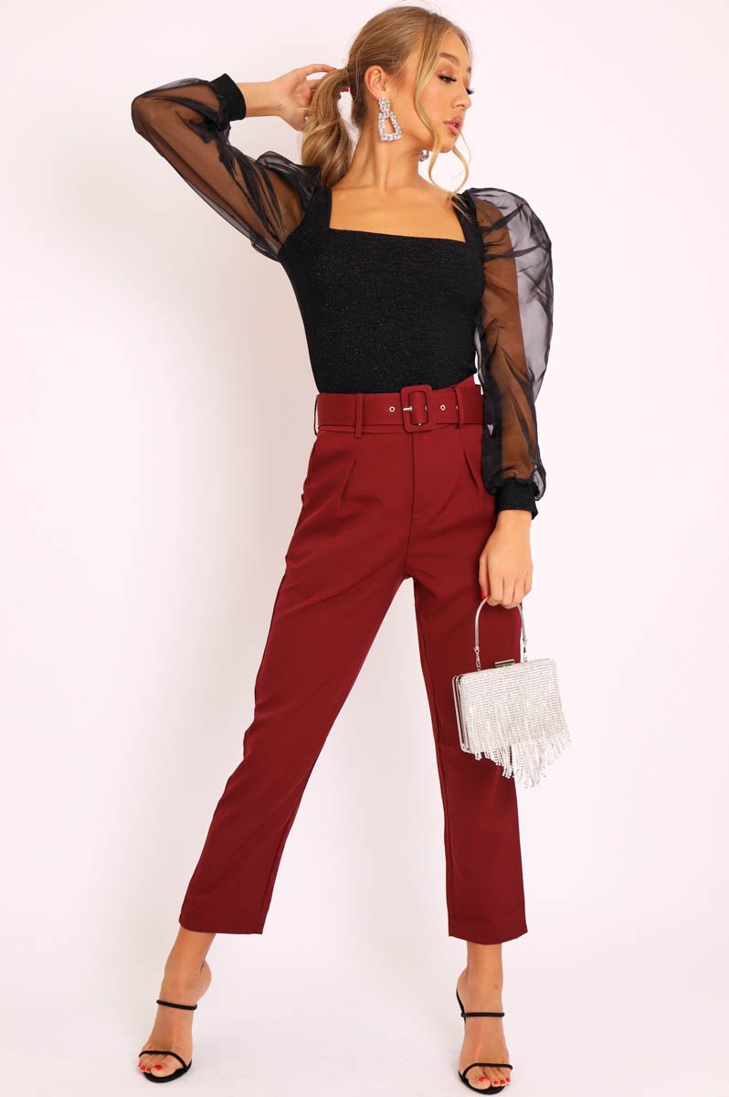 Black Glitter Square Neck Puff Sleeves Top - Triss-Tops