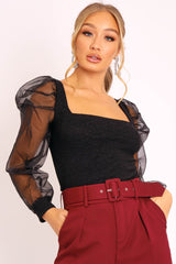Black Glitter Square Neck Puff Sleeves Top - Triss-Tops